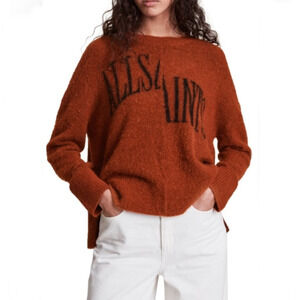 AllSaints Fuzzy Alpaca Wool Blend Logo Sweater Brown Crewneck Indie Medium